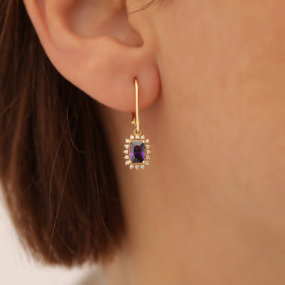 Amethyst Rectangle Halo Dangling Earrings surrounded by Real Diamonds in 14K Solid Gold, February Birthstone Jewelry