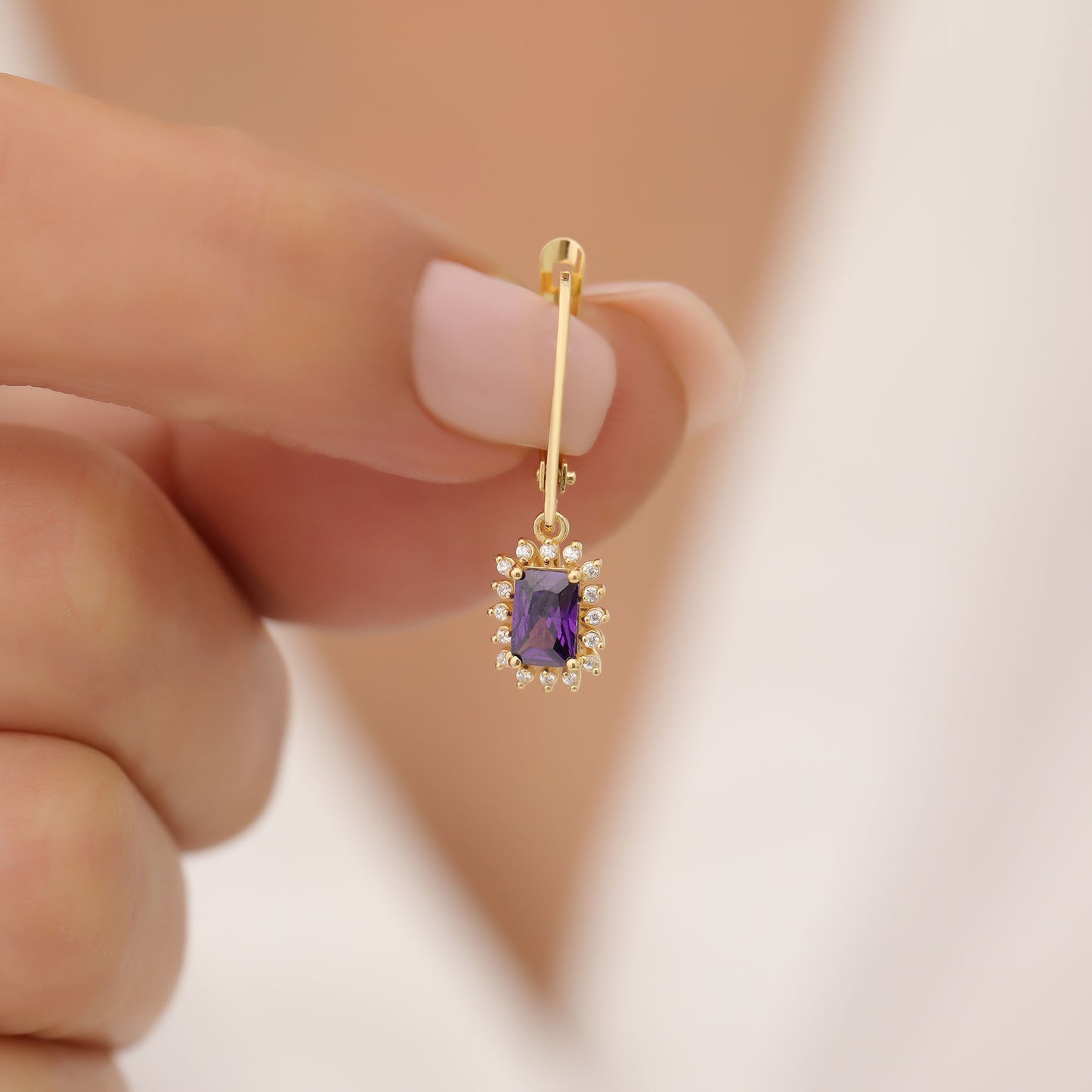 Amethyst Rectangle Halo Dangling Earrings surrounded by Real Diamonds in 14K Solid Gold, February Birthstone Jewelry