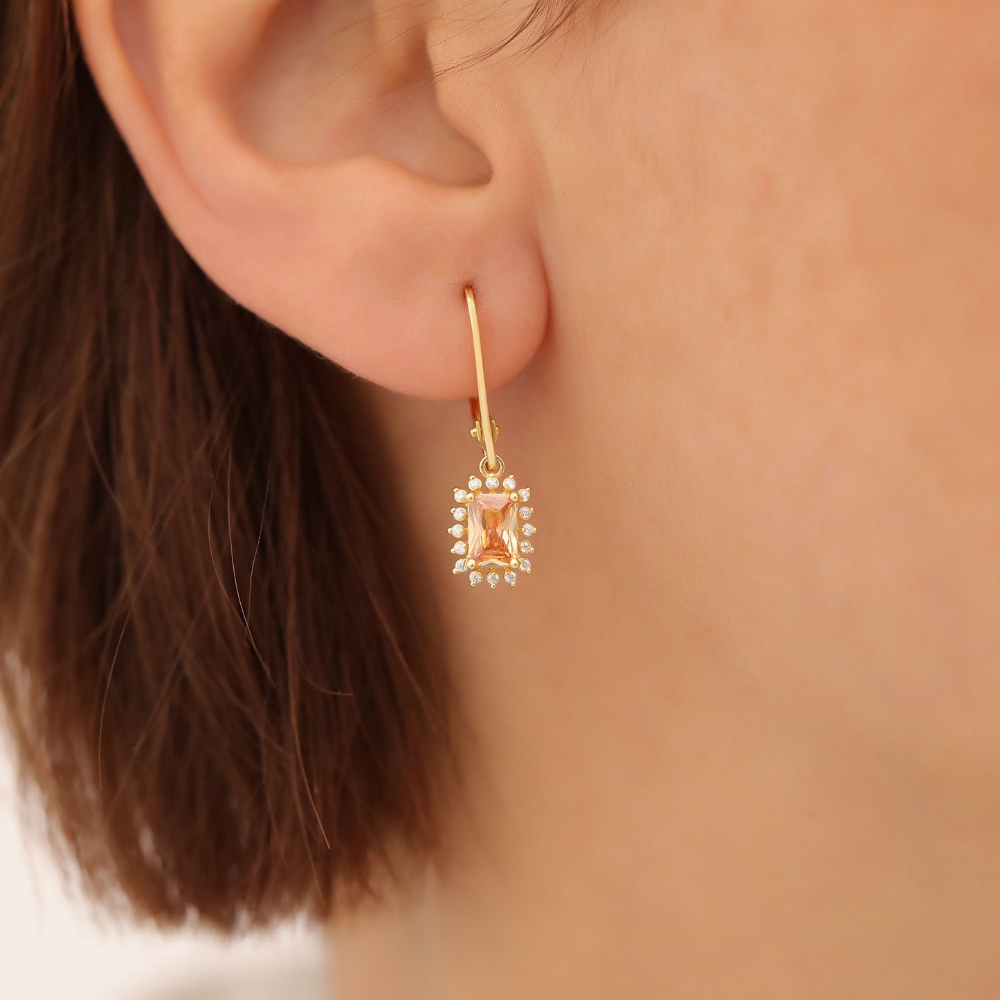 Citrine Rectangle Halo Dangling Earrings surrounded by Real Diamonds in 14K Solid Gold, November Birthstone Jewelry