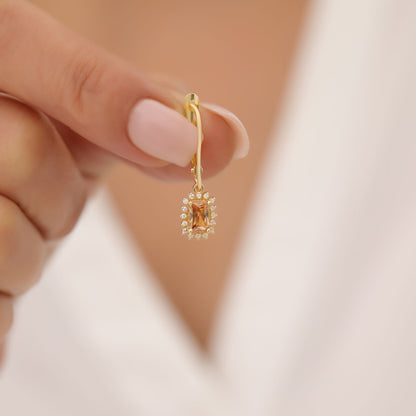 Citrine Rectangle Halo Dangling Earrings surrounded by Real Diamonds in 14K Solid Gold, November Birthstone Jewelry