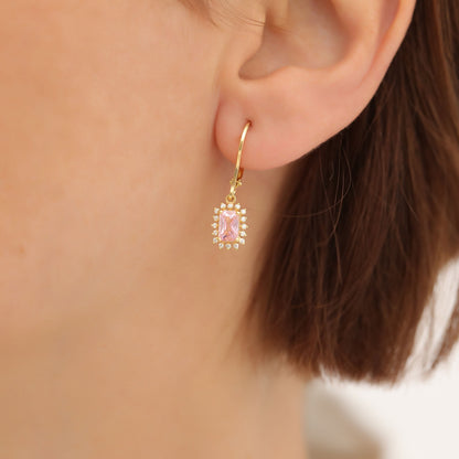 Pink Tourmaline Rectangle Halo Dangling Earrings surrounded by Real Diamonds in 14K Solid Gold, October Birthstone Jewelry