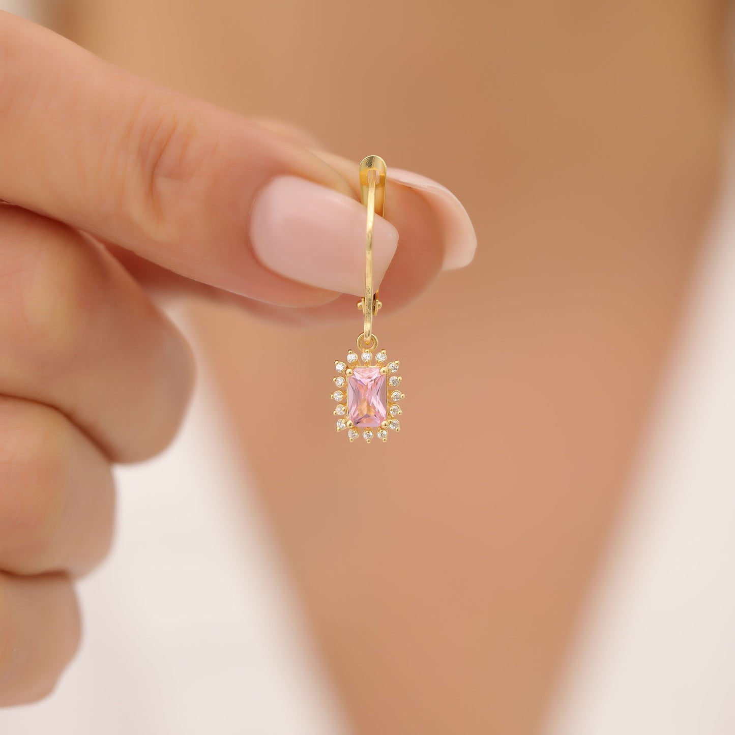 Pink Tourmaline Rectangle Halo Dangling Earrings surrounded by Real Diamonds in 14K Solid Gold, October Birthstone Jewelry