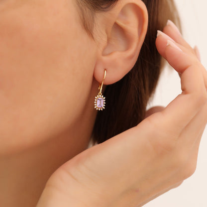 Alexandrite Rectangle Halo Dangling Earrings surrounded by Real Diamonds in 14K Solid Gold, June Birthstone Jewelry