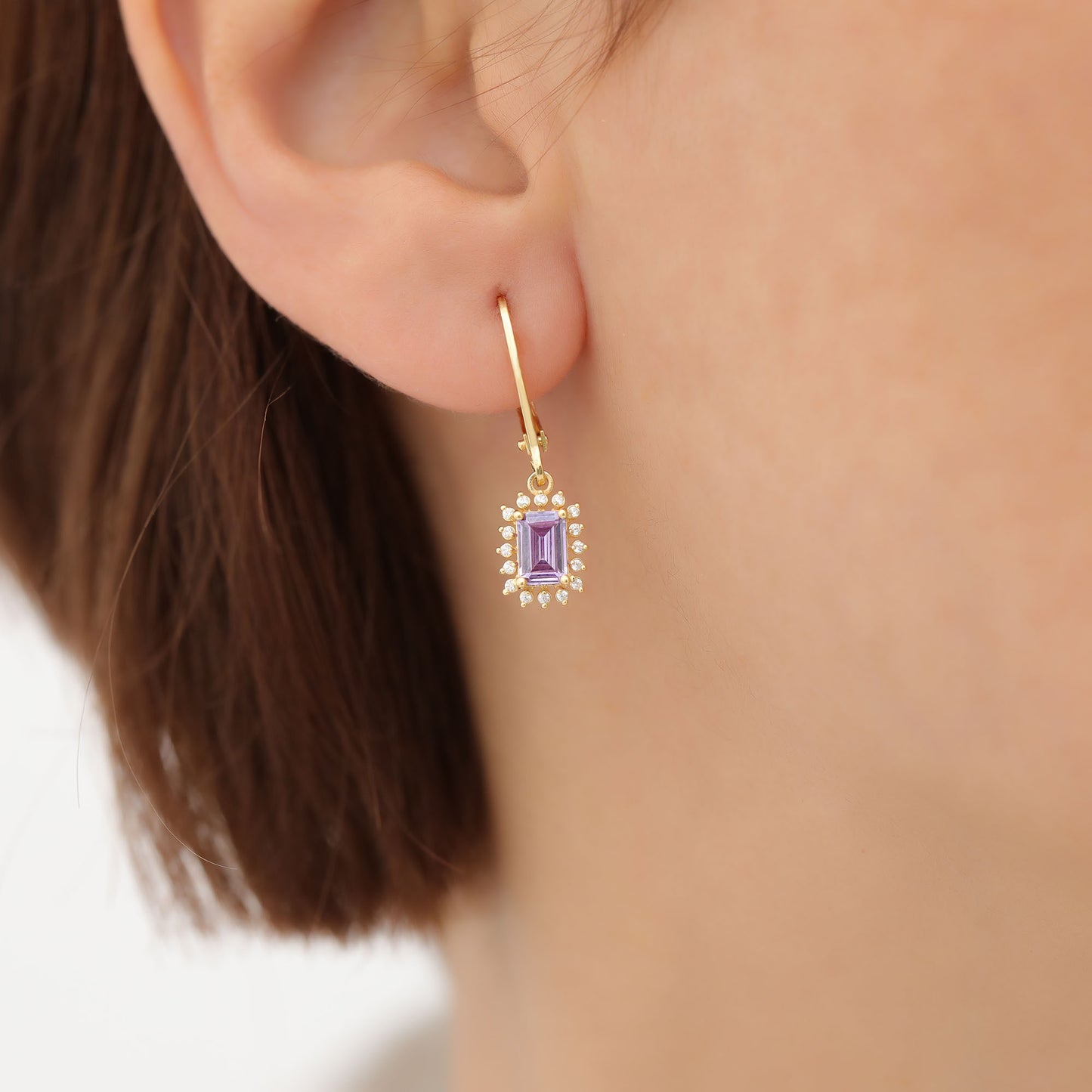 Alexandrite Rectangle Halo Dangling Earrings surrounded by Real Diamonds in 14K Solid Gold, June Birthstone Jewelry