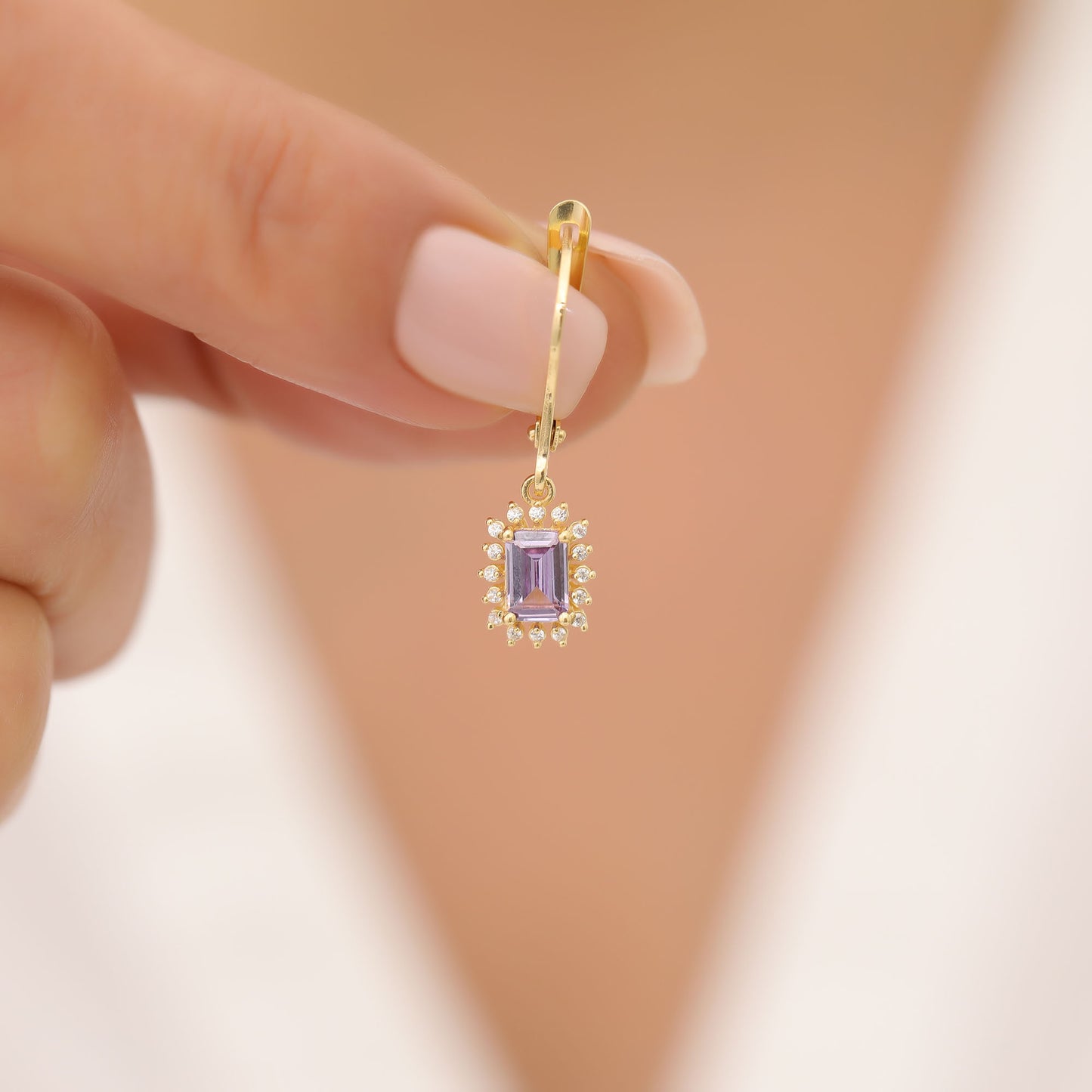 Alexandrite Rectangle Halo Dangling Earrings surrounded by Real Diamonds in 14K Solid Gold, June Birthstone Jewelry