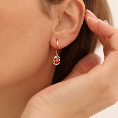 Garnet Rectangle Halo Dangling Earrings surrounded by Real Diamonds in 14K Solid Gold, January Birthstone Jewelry