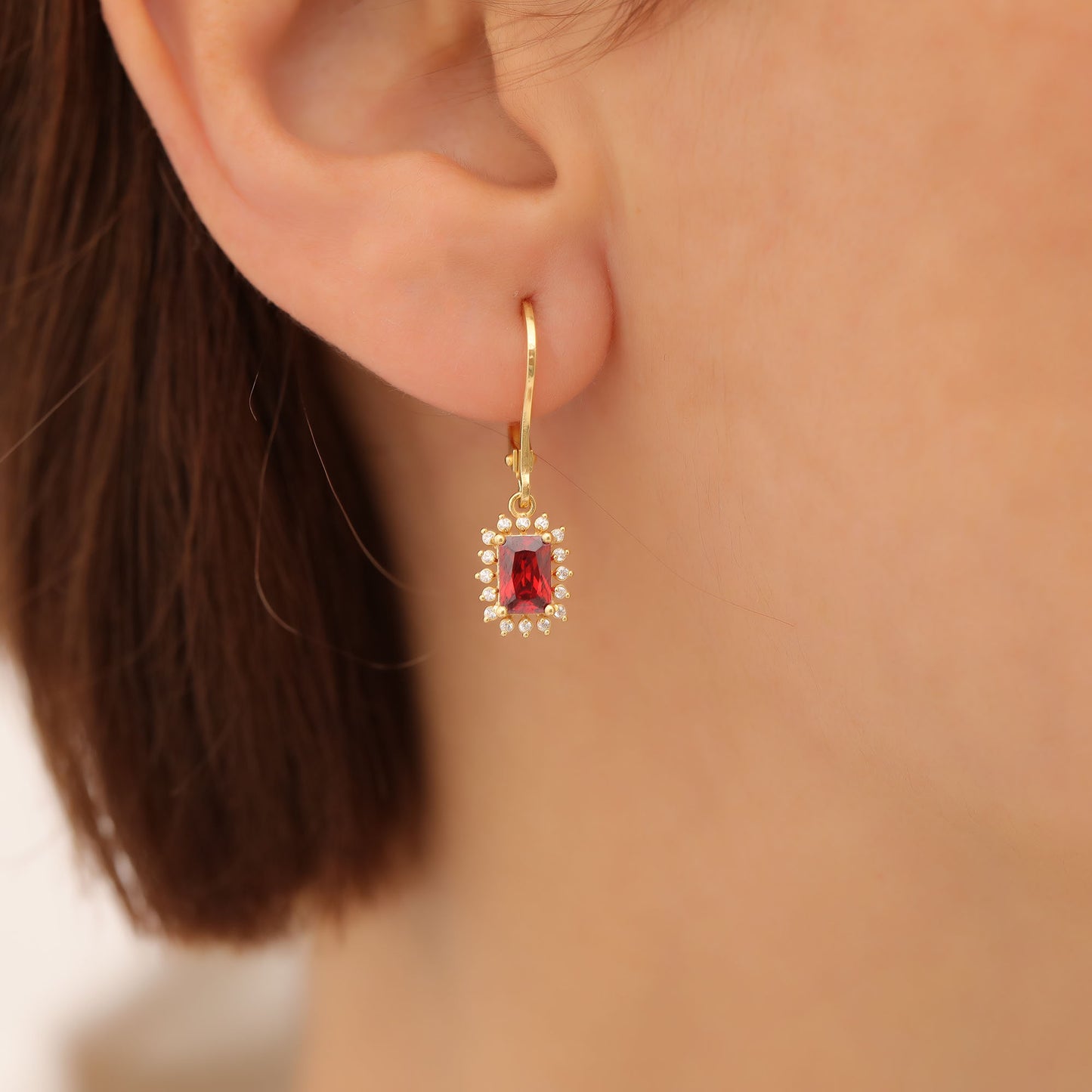 Garnet Rectangle Halo Dangling Earrings surrounded by Real Diamonds in 14K Solid Gold, January Birthstone Jewelry