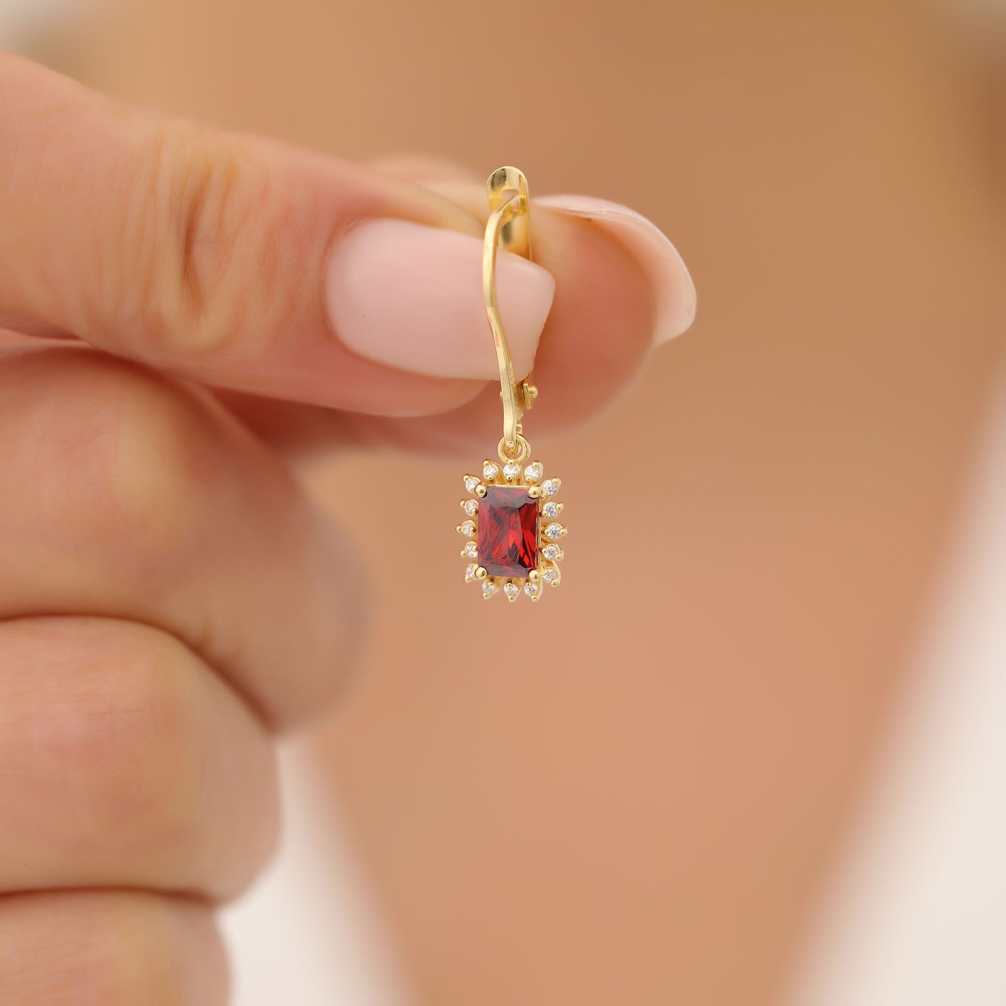 Garnet Rectangle Halo Dangling Earrings surrounded by Real Diamonds in 14K Solid Gold, January Birthstone Jewelry