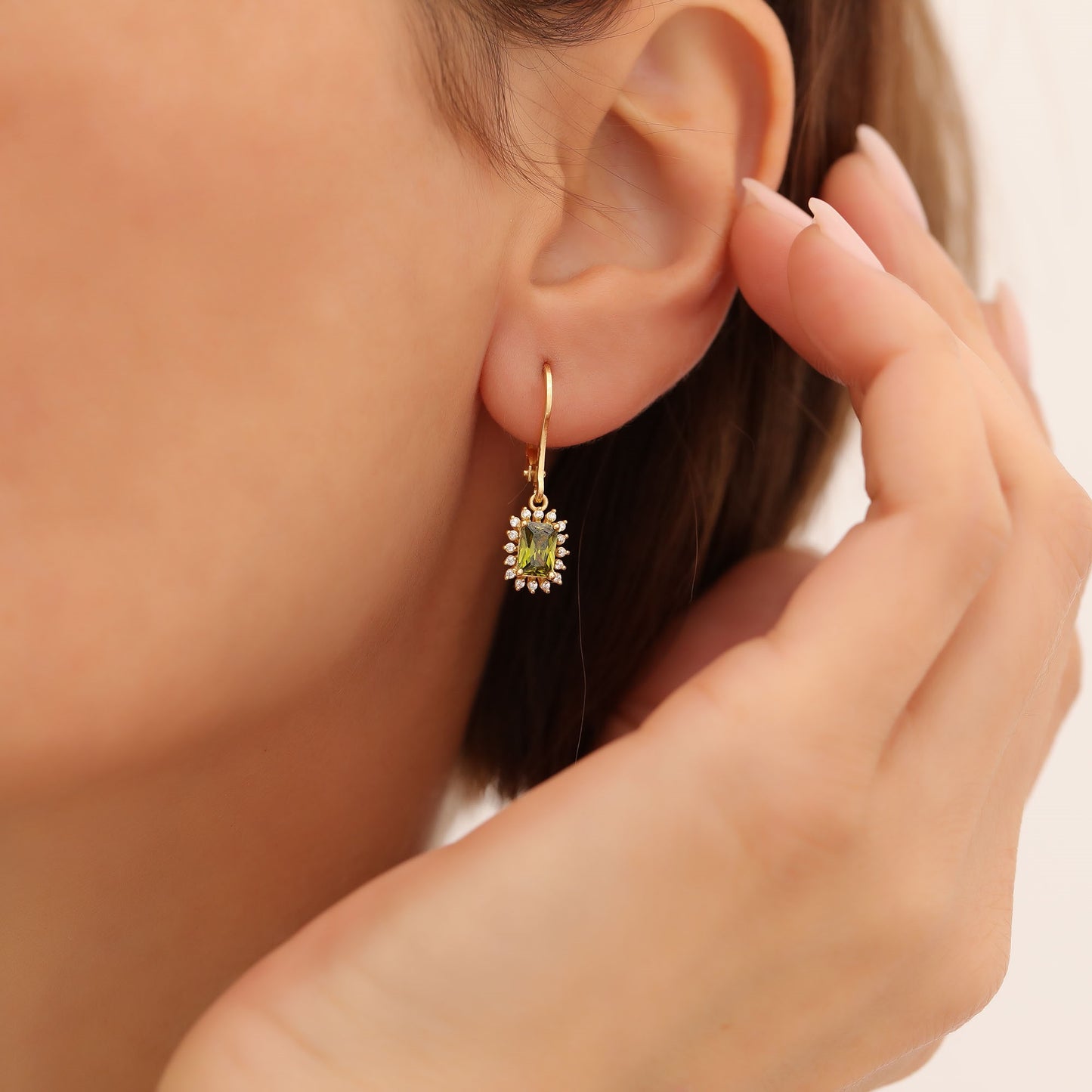 Peridot Rectangle Halo Dangling Earrings surrounded by Real Diamonds in 14K Solid Gold, August Birthstone Jewelry