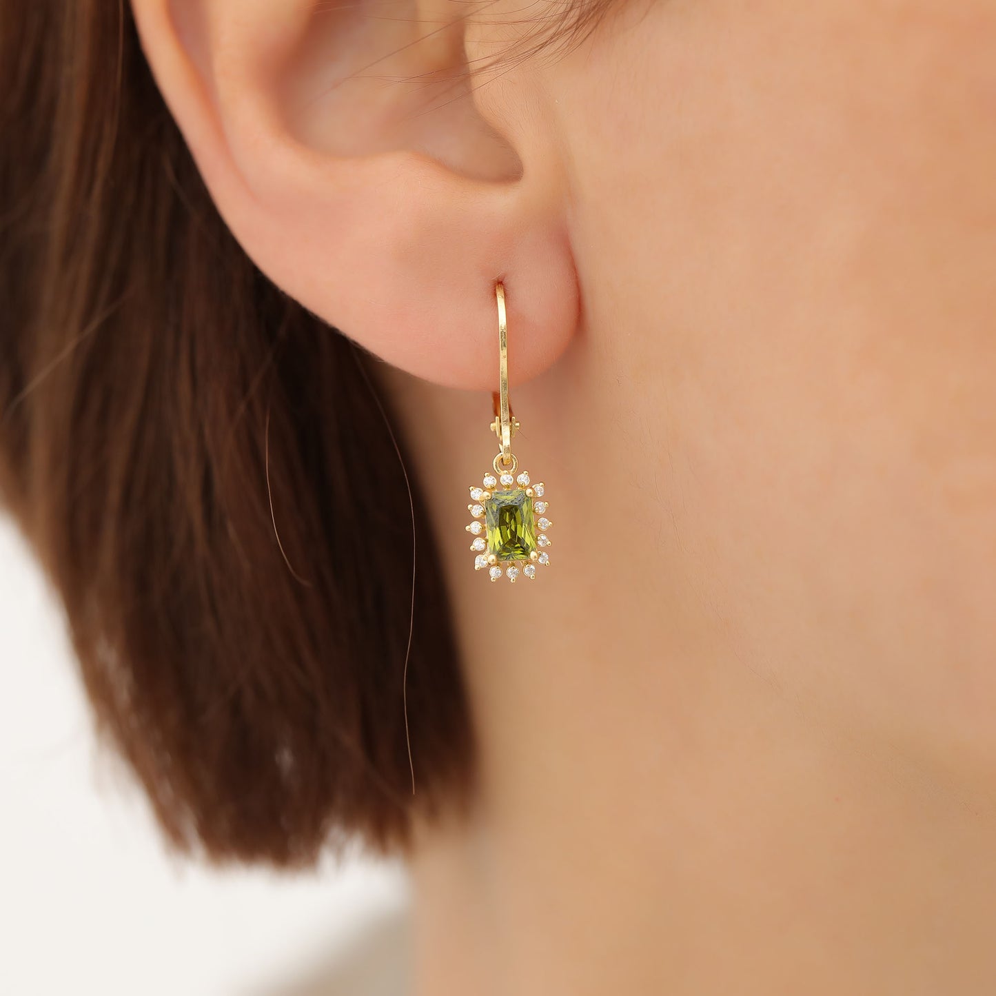 Peridot Rectangle Halo Dangling Earrings surrounded by Real Diamonds in 14K Solid Gold, August Birthstone Jewelry