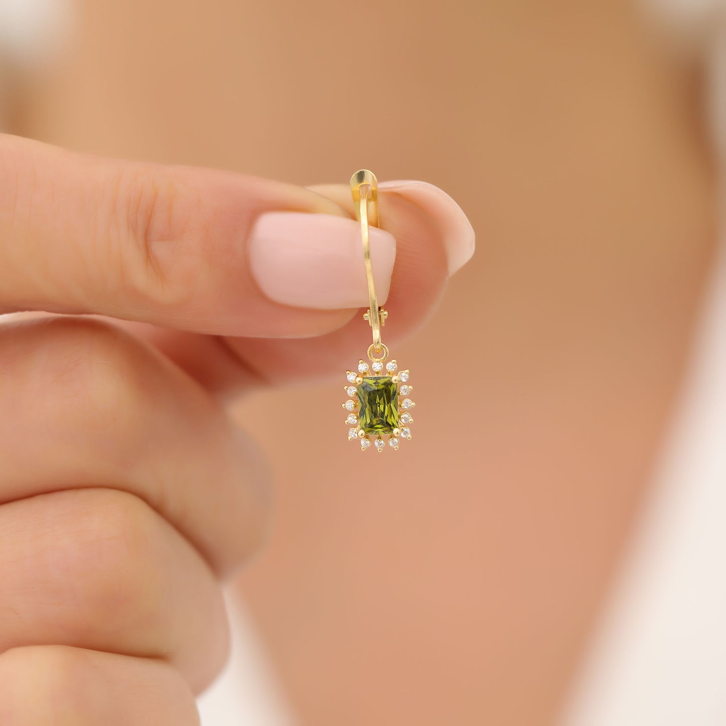 Peridot Rectangle Halo Dangling Earrings surrounded by Real Diamonds in 14K Solid Gold, August Birthstone Jewelry