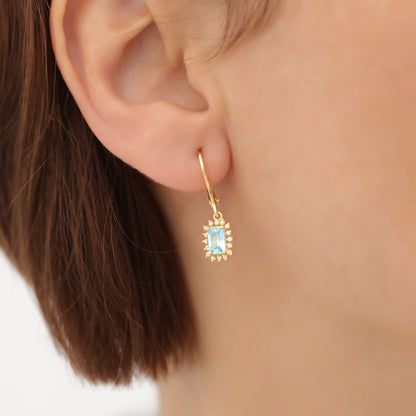 Aquamarine Rectangle Halo Dangling Earrings surrounded by Real Diamonds in 14K Solid Gold, March Birthstone Jewelry