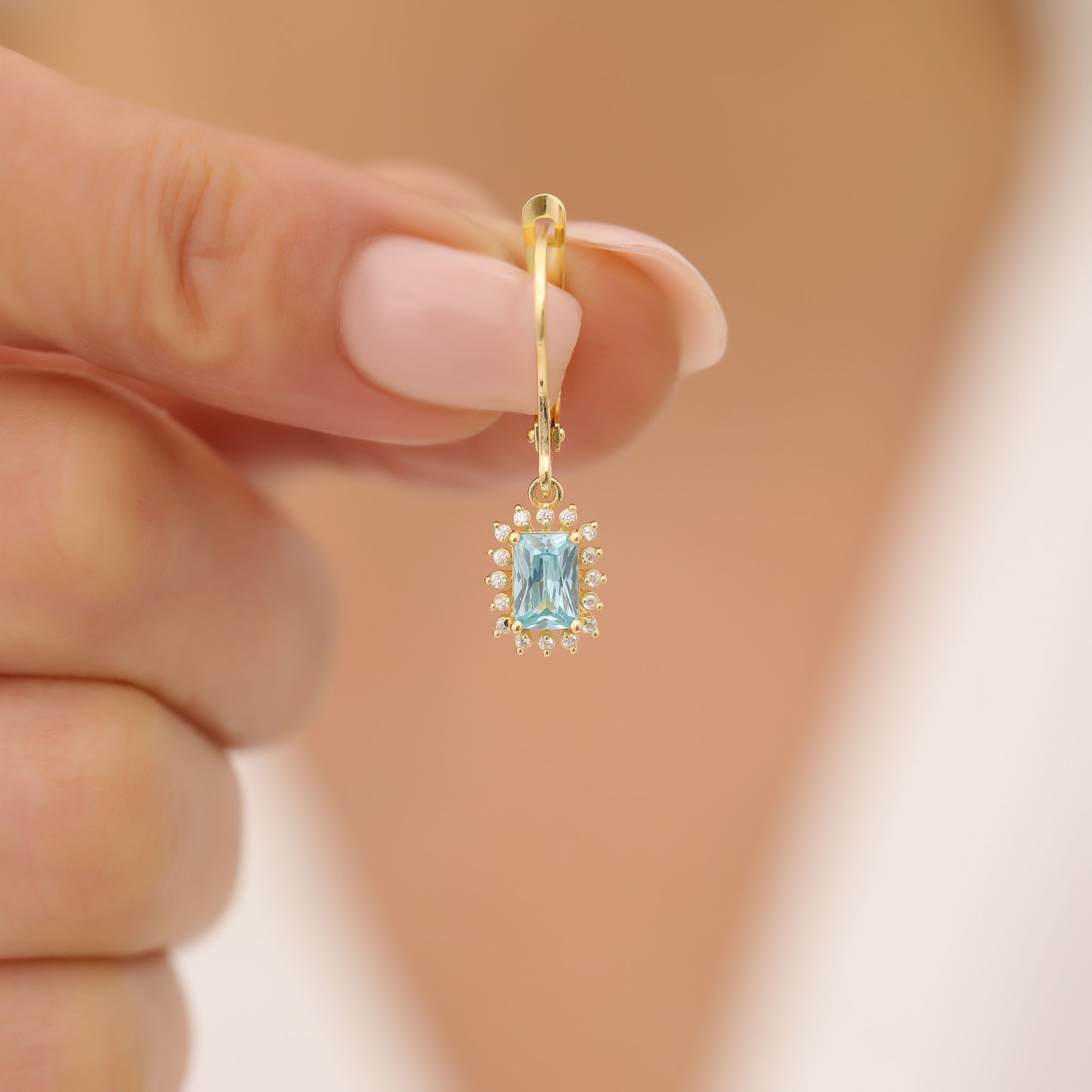 Aquamarine Rectangle Halo Dangling Earrings surrounded by Real Diamonds in 14K Solid Gold, March Birthstone Jewelry