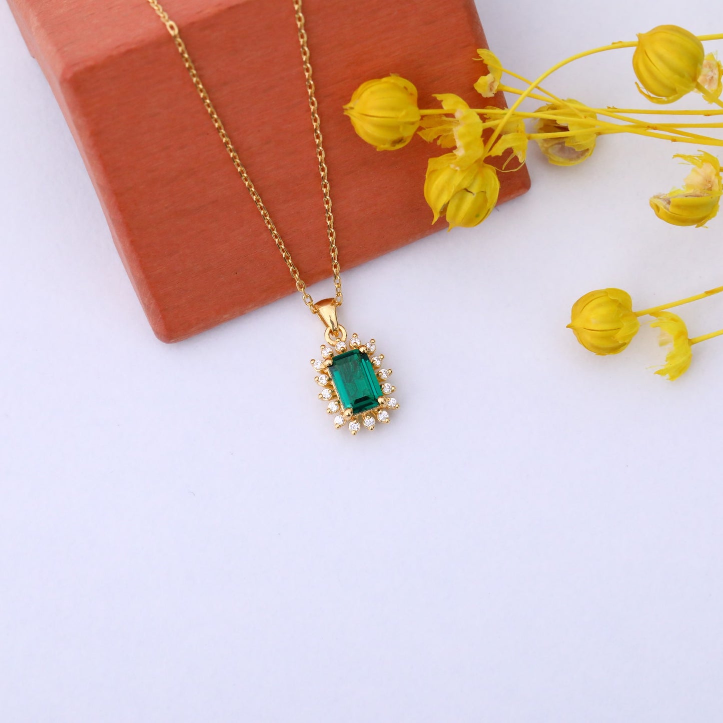 Emerald Rectangle Necklace Surrounded by Real Diamonds in 14K Solid Gold, May Birthstone Jewelry