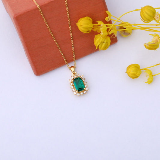 Emerald Rectangle Necklace Surrounded by Real Diamonds in 14K Solid Gold, May Birthstone Jewelry