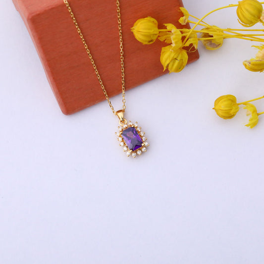 Amethyst Rectangle Necklace Surrounded by Real Diamonds in 14K Solid Gold, February Birthstone Jewelry