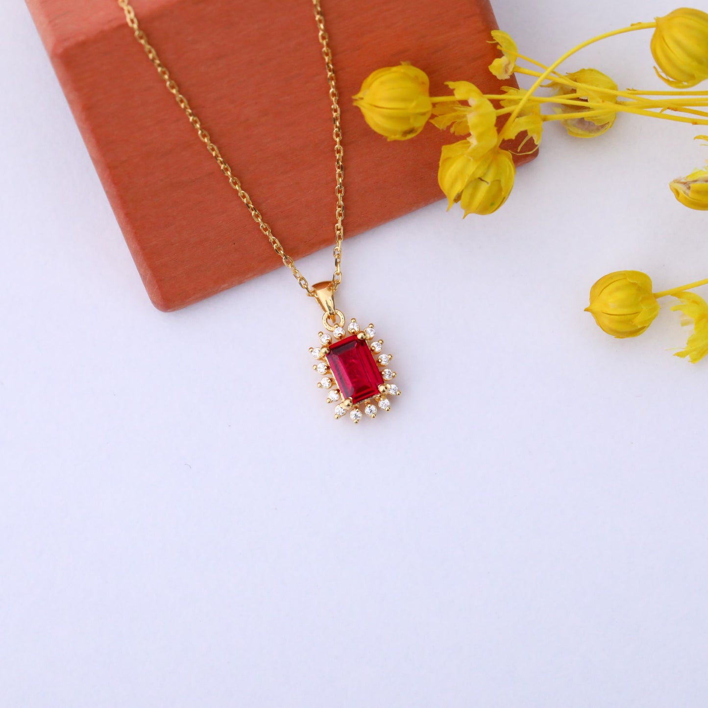 Ruby Rectangle Necklace Surrounded by Real Diamonds in 14K Solid Gold, July Birthstone Jewelry