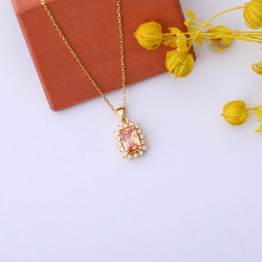 Citrine Rectangle Necklace Surrounded by Real Diamonds in 14K Solid Gold, November Birthstone Jewelry