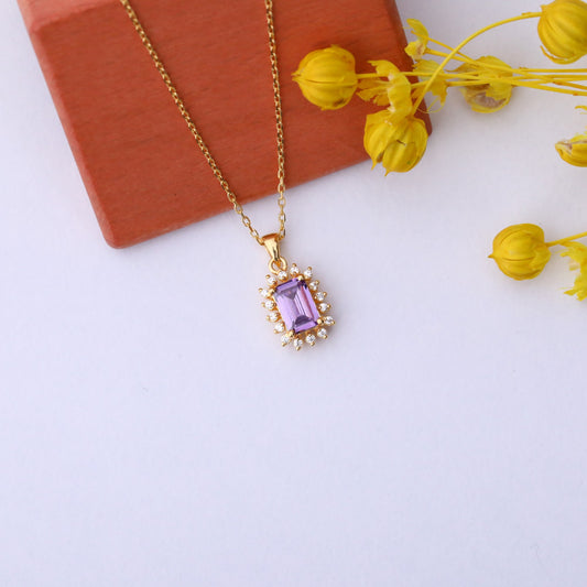 Alexandrite Rectangle Necklace Surrounded by Real Diamonds in 14K Solid Gold, June Birthstone Jewelry