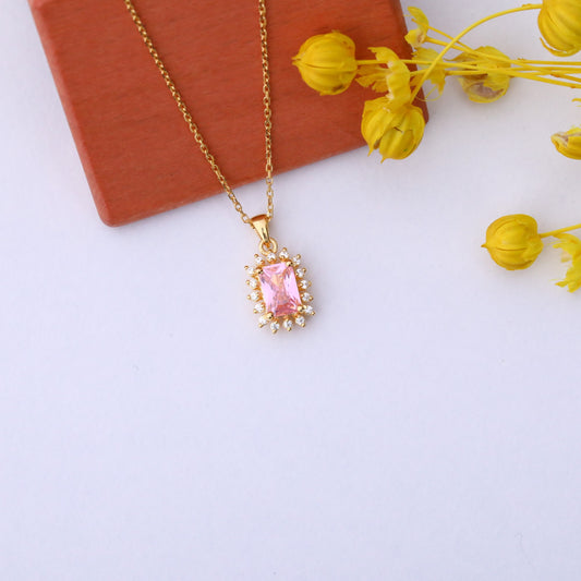 Pink Tourmaline Rectangle Necklace Surrounded by Real Diamonds in 14K Solid Gold, October Birthstone Jewelry