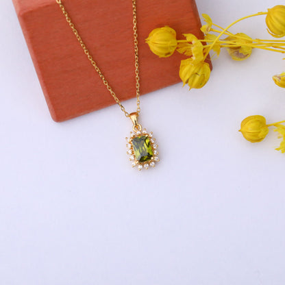 Peridot Rectangle Necklace Surrounded by Real Diamonds in 14K Solid Gold, August Birthstone Jewelry