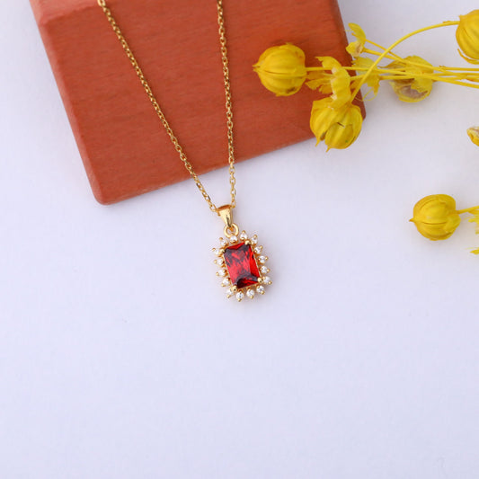 Garnet Rectangle Necklace Surrounded by Real Diamonds in 14K Solid Gold, January Birthstone Jewelry