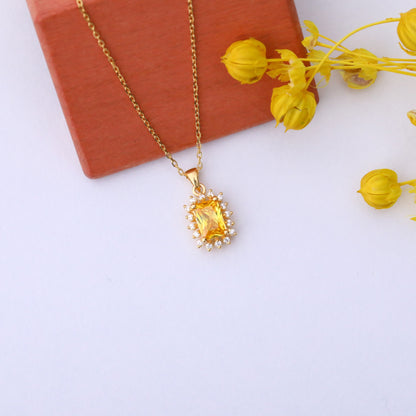 Yellow Topaz Rectangle Necklace Surrounded by Real Diamonds in 14K Solid Gold, Birthstone Jewelry