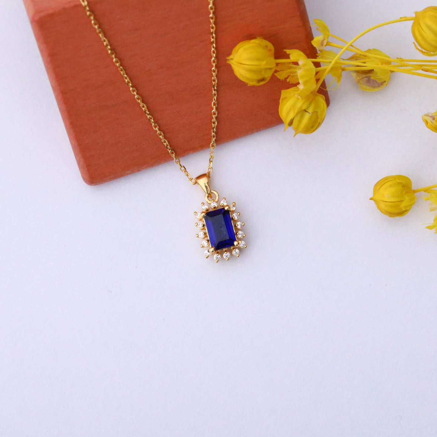 Sapphire Rectangle Necklace Surrounded by Real Diamonds in 14K Solid Gold, September Birthstone Jewelry