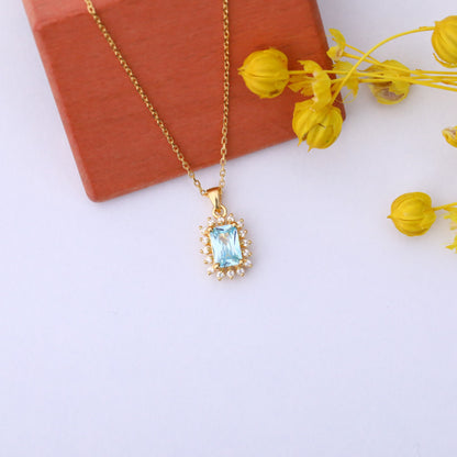 Aquamarine Rectangle Necklace Surrounded by Real Diamonds in 14K Solid Gold, March Birthstone Jewelry