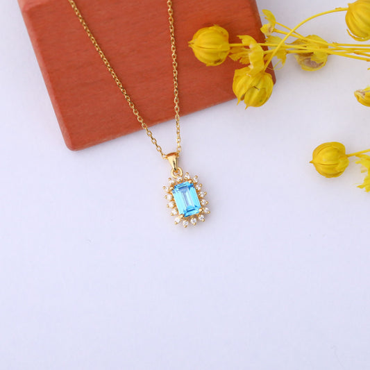 Blue Topaz Rectangle Necklace Surrounded by Real Diamonds in 14K Solid Gold, December Birthstone Jewelry