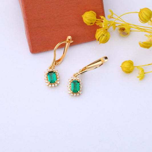 Emerald Rectangle Halo Dangling Earrings surrounded by Real Diamonds in 14K Solid Gold, May Birthstone Jewelry