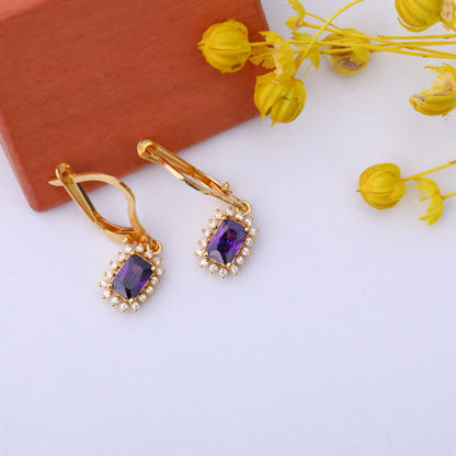 Amethyst Rectangle Halo Dangling Earrings surrounded by Real Diamonds in 14K Solid Gold, February Birthstone Jewelry