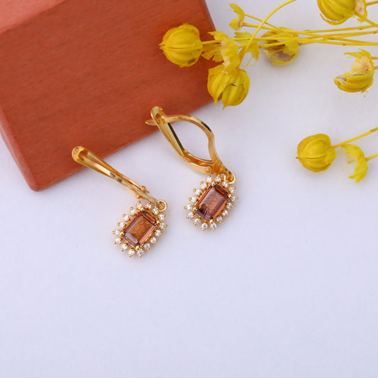 Smoky Quartz Rectangle Halo Dangling Earrings surrounded by Real Diamonds in 14K Solid Gold, Birthstone Jewelry