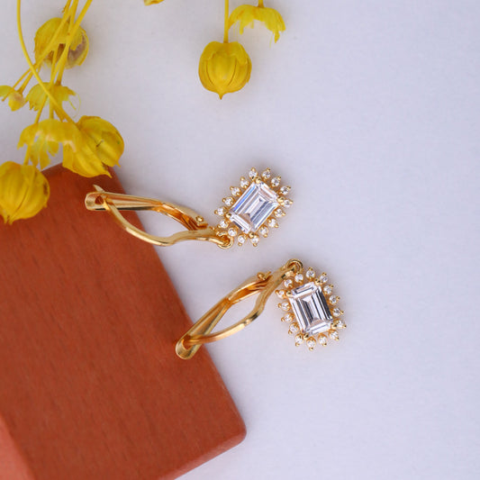 White Topaz Rectangle Halo Dangling Earrings surrounded by Real Diamonds in 14K Solid Gold, April Birthstone Jewelry