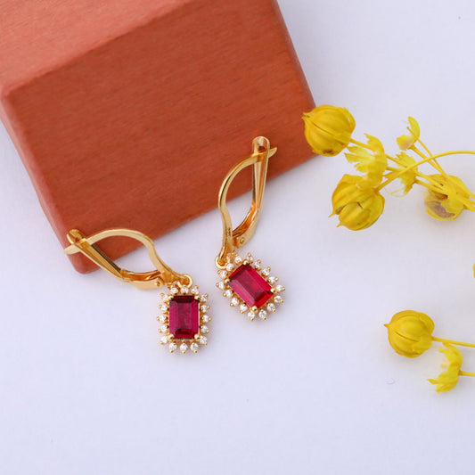 Ruby Rectangle Halo Dangling Earrings surrounded by Real Diamonds in 14K Solid Gold, July Birthstone Jewelry