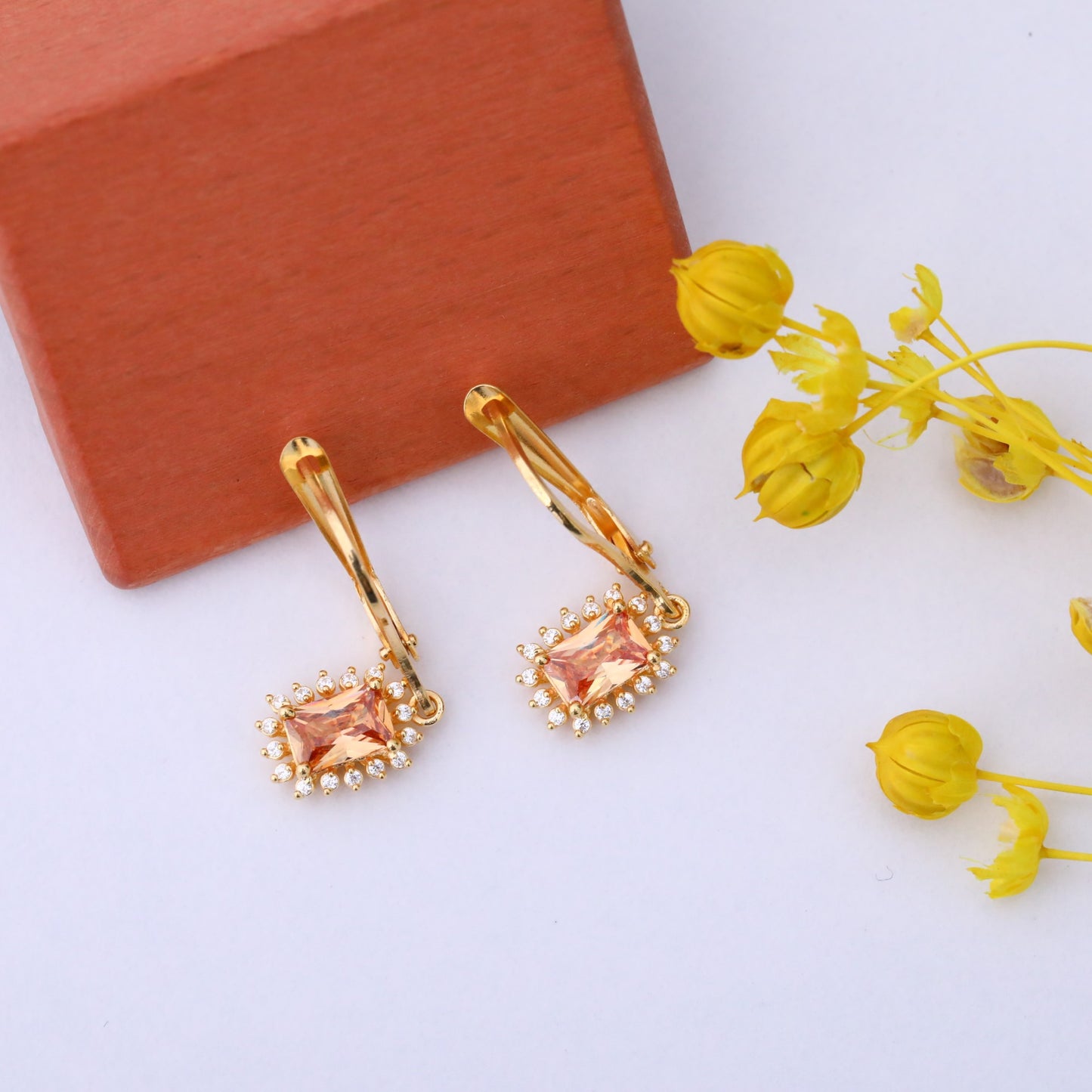 Citrine Rectangle Halo Dangling Earrings surrounded by Real Diamonds in 14K Solid Gold, November Birthstone Jewelry