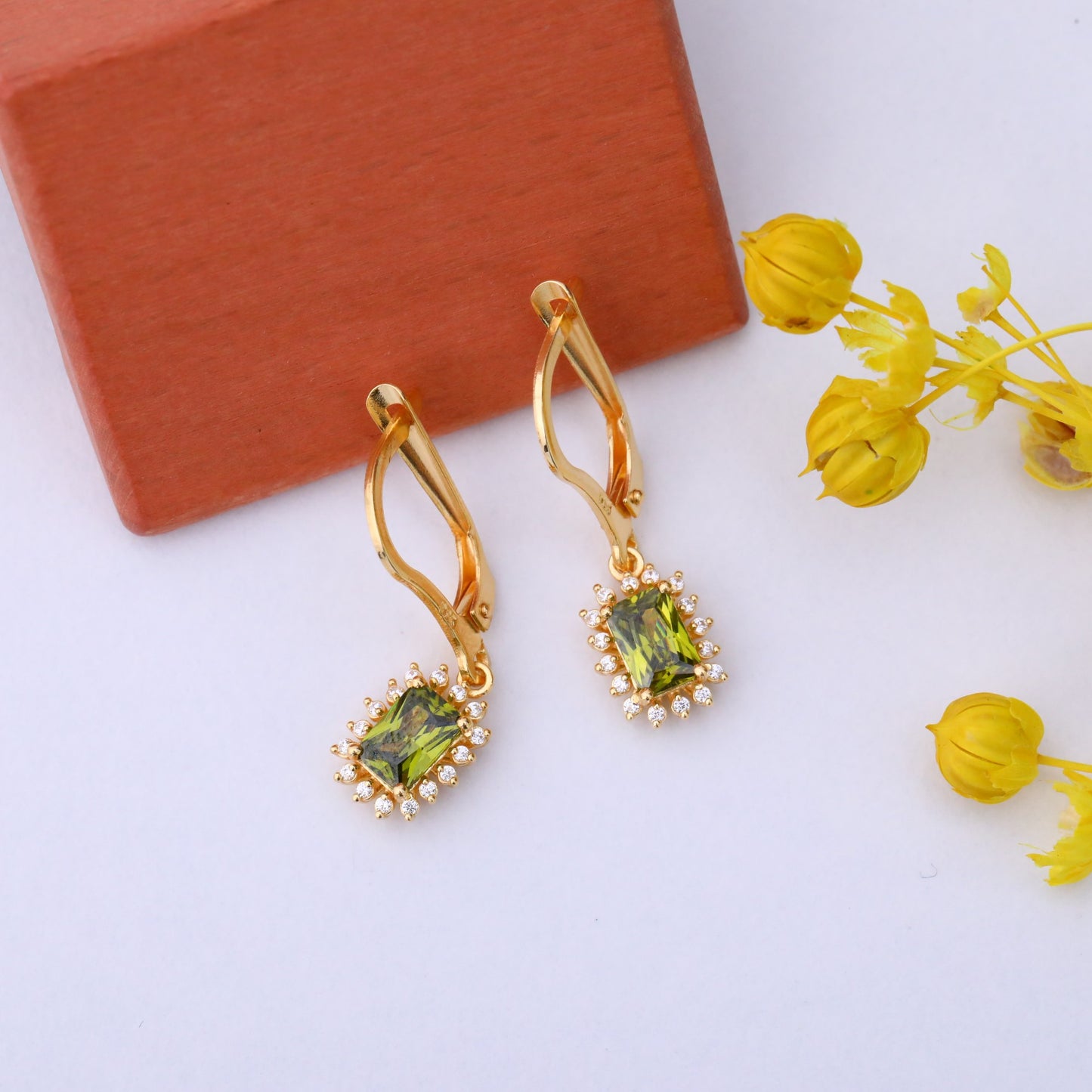 Peridot Rectangle Halo Dangling Earrings surrounded by Real Diamonds in 14K Solid Gold, August Birthstone Jewelry