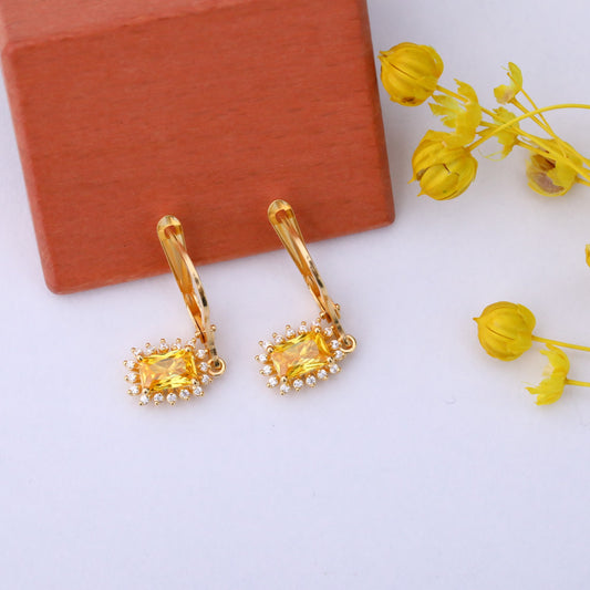 Yellow Topaz Rectangle Halo Dangling Earrings surrounded by Real Diamonds in 14K Solid Gold, Birthstone Jewelry