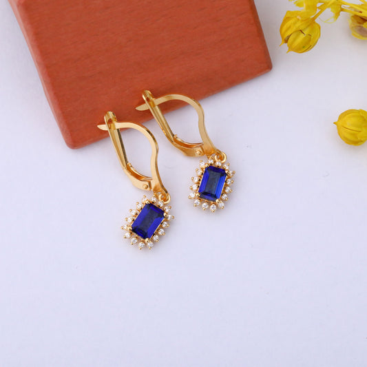 Sapphire Rectangle Halo Dangling Earrings surrounded by Real Diamonds in 14K Solid Gold, September Birthstone Jewelry