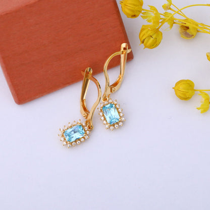 Aquamarine Rectangle Halo Dangling Earrings surrounded by Real Diamonds in 14K Solid Gold, March Birthstone Jewelry