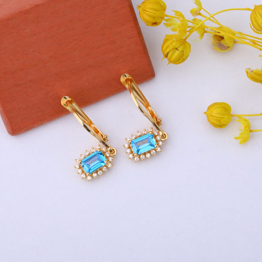 Blue Topaz Rectangle Halo Dangling Earrings surrounded by Real Diamonds in 14K Solid Gold, December Birthstone Jewelry