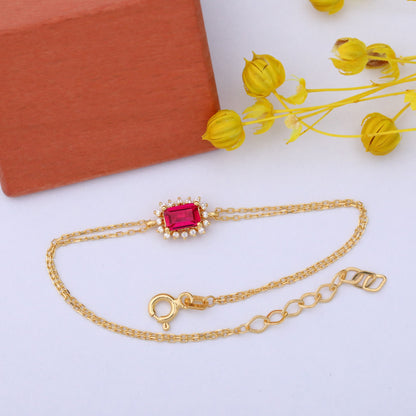 Ruby Rectangle Bracelet surrounded by Real Diamonds in 14K Solid Gold, July Birthstone Jewelry