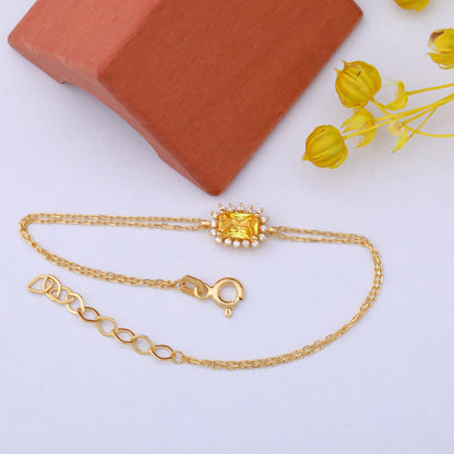 Yellow Topaz Rectangle Bracelet surrounded by Real Diamonds in 14K Solid Gold, Birthstone Jewelry