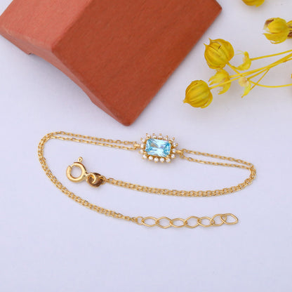 Aquamarine Rectangle Bracelet surrounded by Real Diamonds in 14K Solid Gold, March Birthstone Jewelry