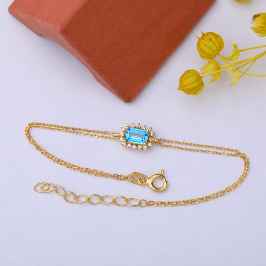 Blue Topaz Rectangle Bracelet surrounded by Real Diamonds in 14K Solid Gold, December Birthstone Jewelry