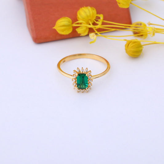 Emerald Rectangle Ring Surrounded by Real Diamonds in 14K Solid Gold, May Birthstone Jewelry