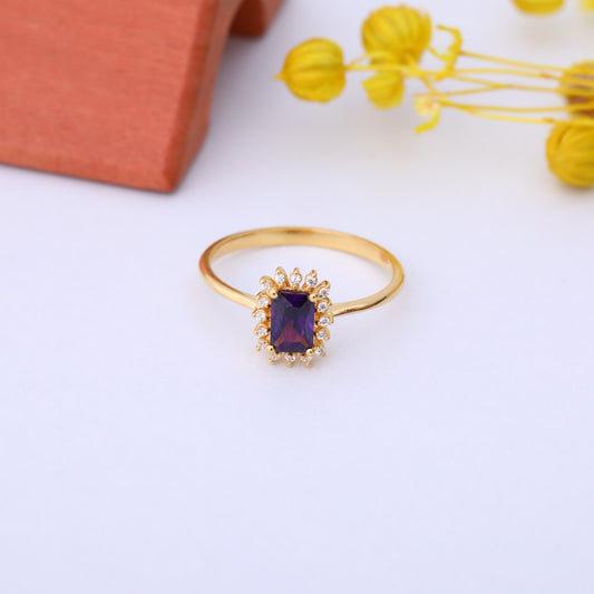 Amethyst Rectangle Ring Surrounded by Real Diamonds in 14K Solid Gold, February Birthstone Jewelry