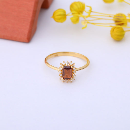 Smoky Quartz Rectangle Ring Surrounded by Real Diamonds in 14K Solid Gold, Birthstone Jewelry