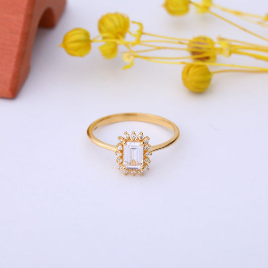 White Topaz Rectangle Ring Surrounded by Real Diamonds in 14K Solid Gold, April Birthstone Jewelry