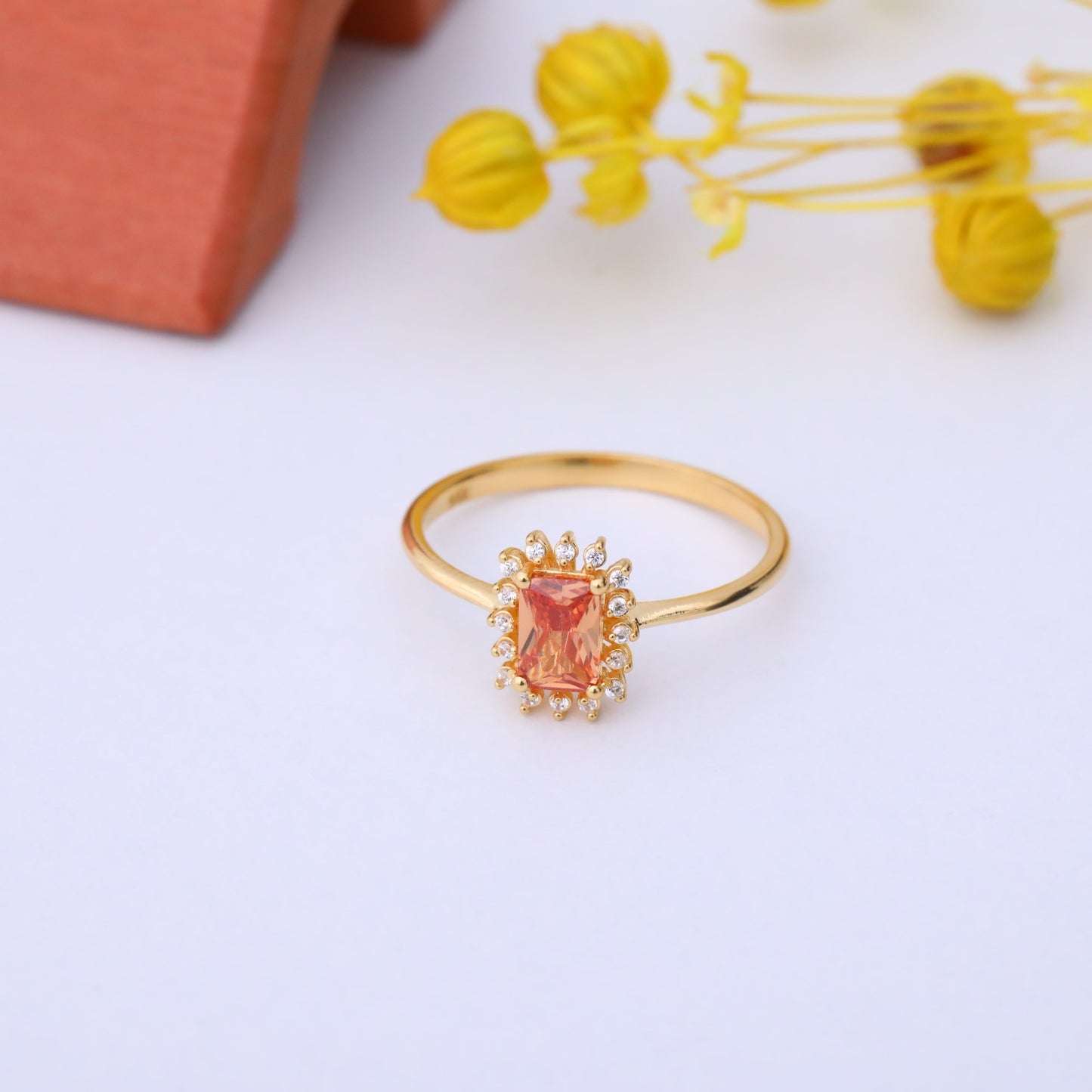 Citrine Rectangle Ring Surrounded by Real Diamonds in 14K Solid Gold, November Birthstone Jewelry